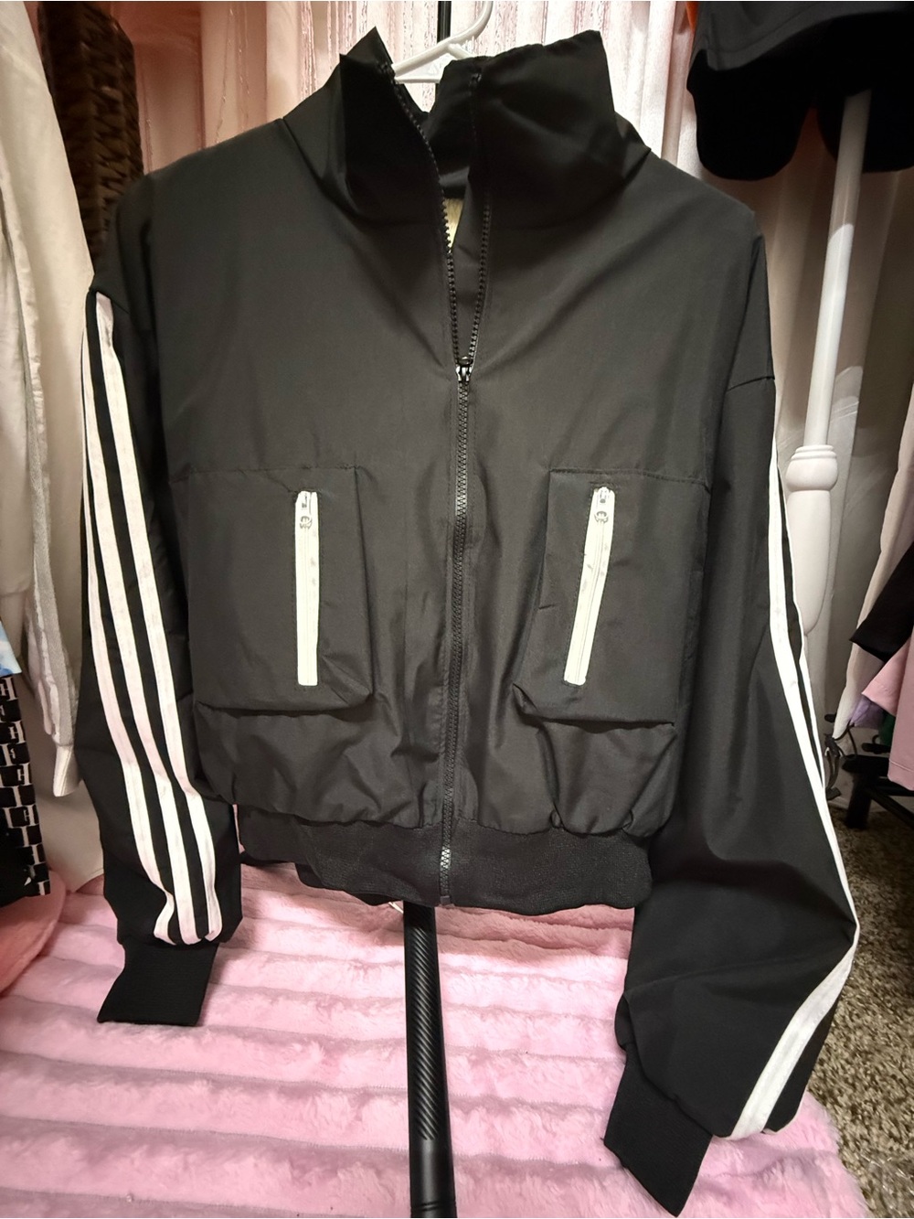 Black women’s Zip-Front Bomber Jacket with White Stripe Accents